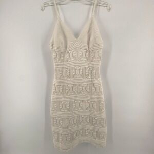 Olive + Oak Cream Knit Crocheted V Neck Bodycon Mini Dress Large Boho Festival